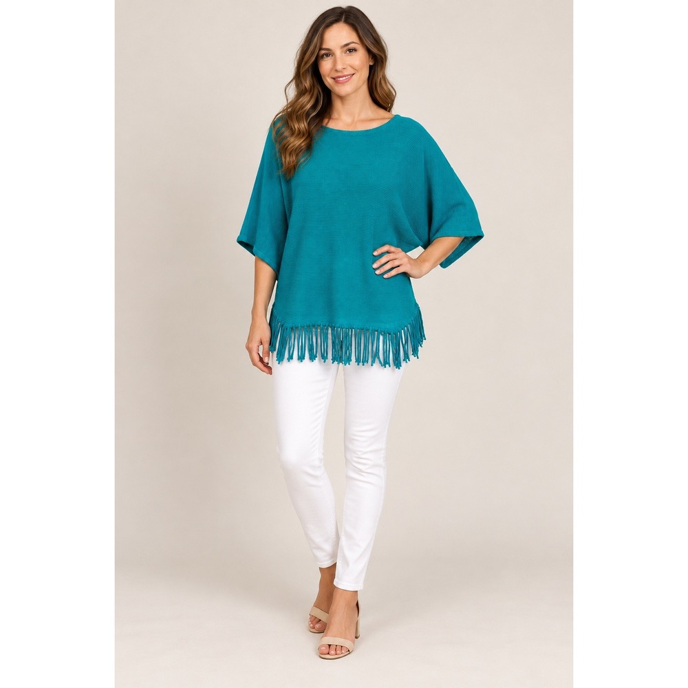 New Directions Poncho Top Womens Medium Boho Teal Fringe Batwing Knit Sweater